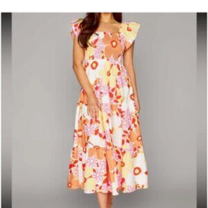 Buddy Love Floral Ruffle Shoulder Smocked Tiered Maxi Sundress Pockets Small